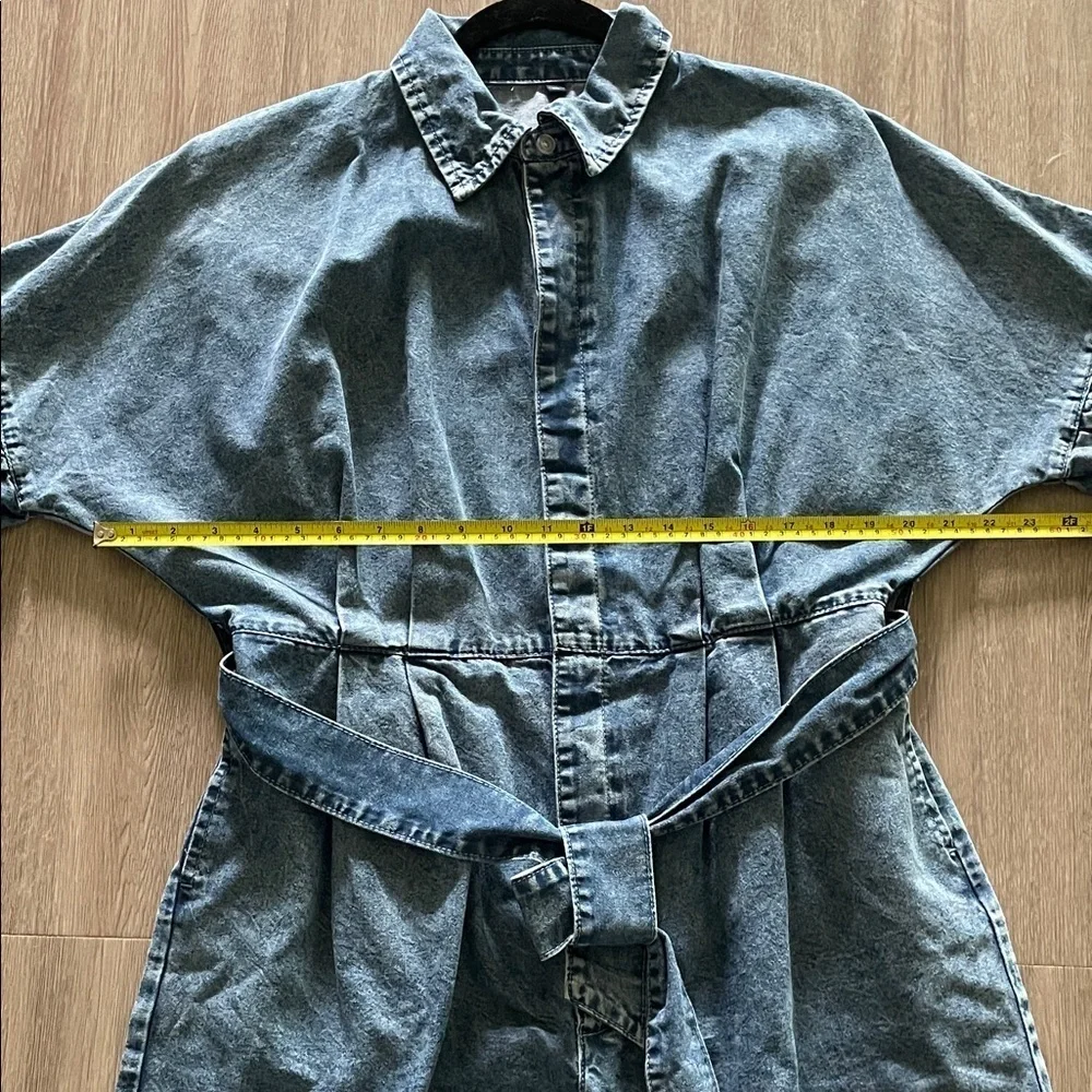 Women Denim Button-Up Ballon Sleeve Romper w/ Belt XL Causal Cotton Contemporary